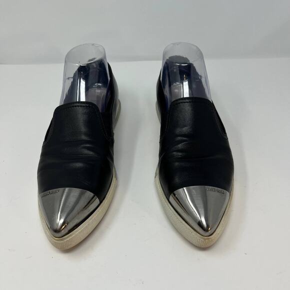 Miu Miu Loafers Women's 38.5 Black Leather Silver Toe Cap Slip On Luxury Shoes - Picture 5 of 16
